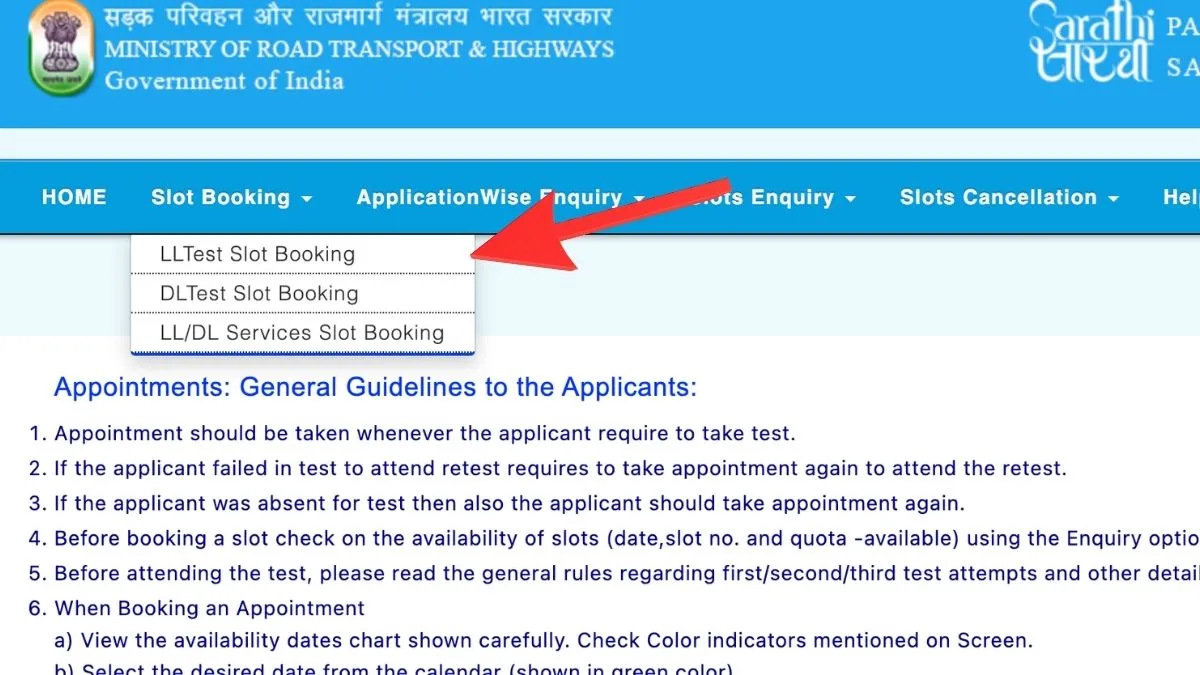 Sarathi Parivahan Step 4: Booking RTO Driving Test Appointment Slot and Confirmation