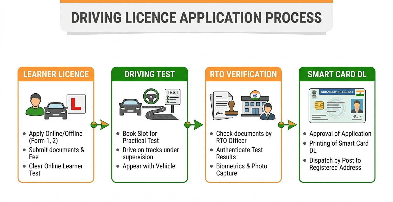Step-by-step flowchart of the Driving Licence Application Process in India: Learner Licence, Driving Test, RTO Verification, and Smart Card DL delivery