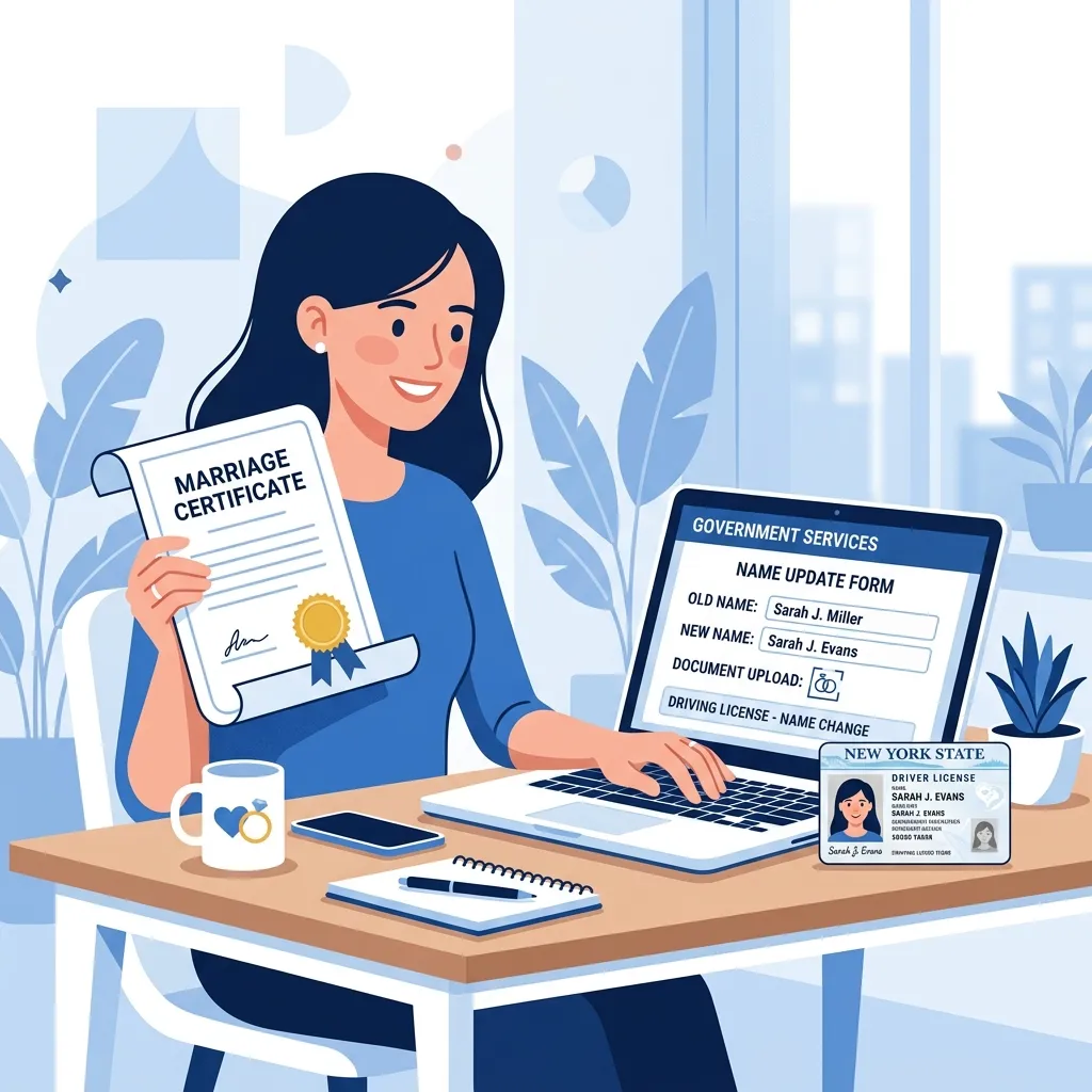Person updating name on driving licence using marriage certificate and laptop
