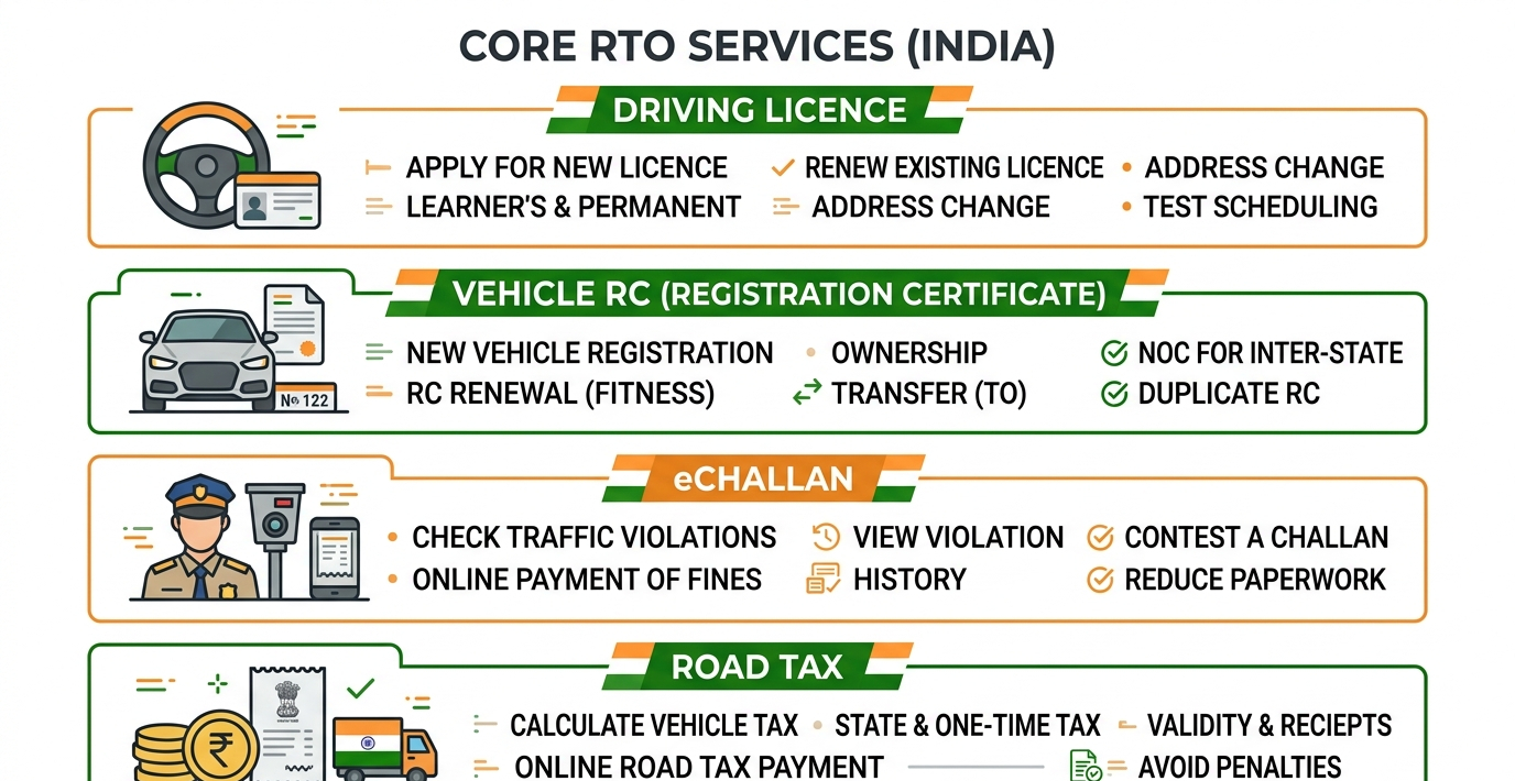Infographic detailing core Indian RTO services including Driving Licence, Vehicle Registration Certificate (RC), eChallan payment, and Road Tax online