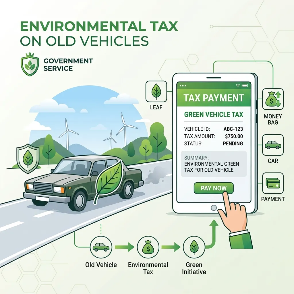 Concept showing environmental green tax on old vehicles and online payment screen